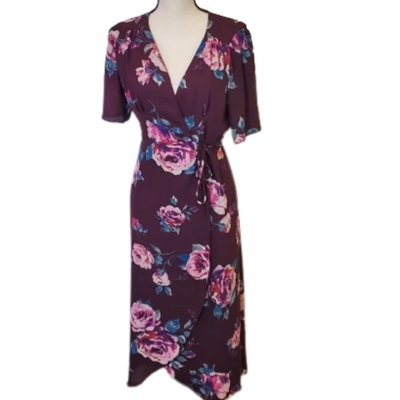 Everly Dark Purple/Pink Multi-Color Floral Wrap Midi Dress, Size Medium - Picture 3 of 16